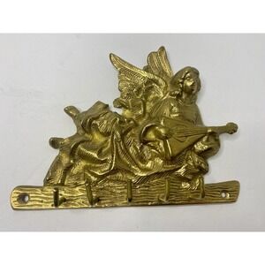 Brass Cherub Angel Playing Instrument Hook Wall Hanging Key Holder Decor READ